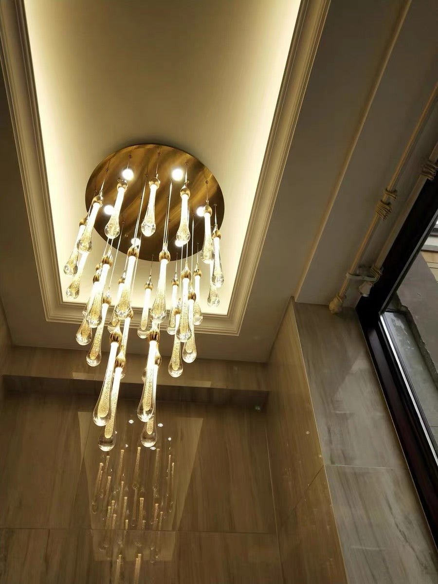 Foyer Glass Drops Pendant Chandelier Spiral Staircase High Ceiling Light Fixture In Gold Finish - Zelno Lighting