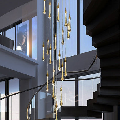 Foyer Glass Drops Pendant Chandelier Spiral Staircase High Ceiling Light Fixture In Gold Finish - Zelno Lighting