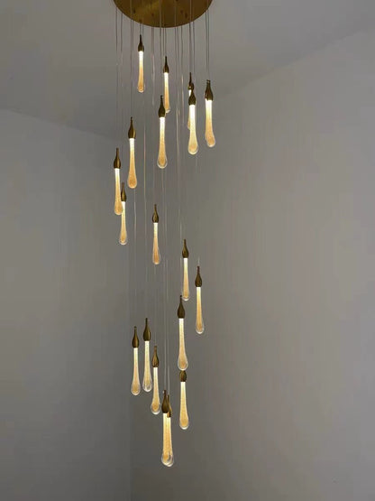 Foyer Glass Drops Pendant Chandelier Spiral Staircase High Ceiling Light Fixture In Gold Finish - Zelno Lighting