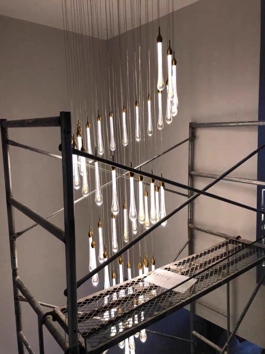 Foyer Glass Drops Pendant Chandelier Spiral Staircase High Ceiling Light Fixture In Gold Finish - Zelno Lighting
