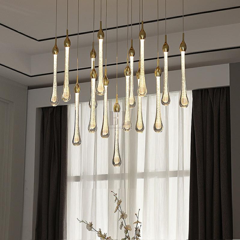 Foyer Glass Drops Pendant Chandelier Spiral Staircase High Ceiling Light Fixture In Gold Finish - Zelno Lighting