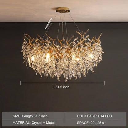 French Branch Crystal Chandelier with Elegant Crystal Leaves - Zelno Lighting