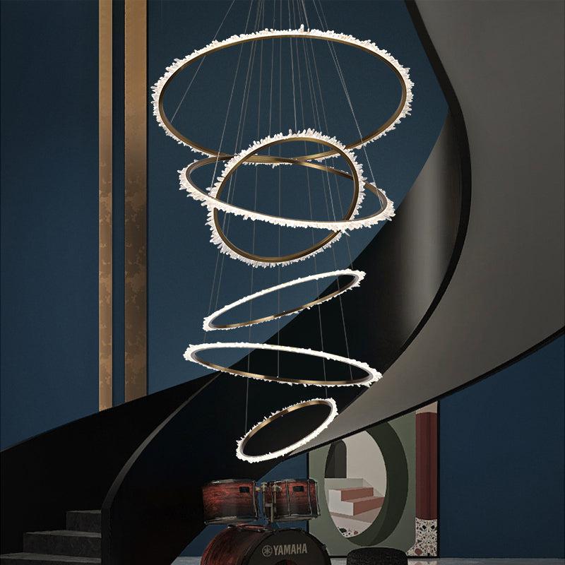Gina Rock Crystal Multi Rings Chandelier For Staircase - Zelno Lighting