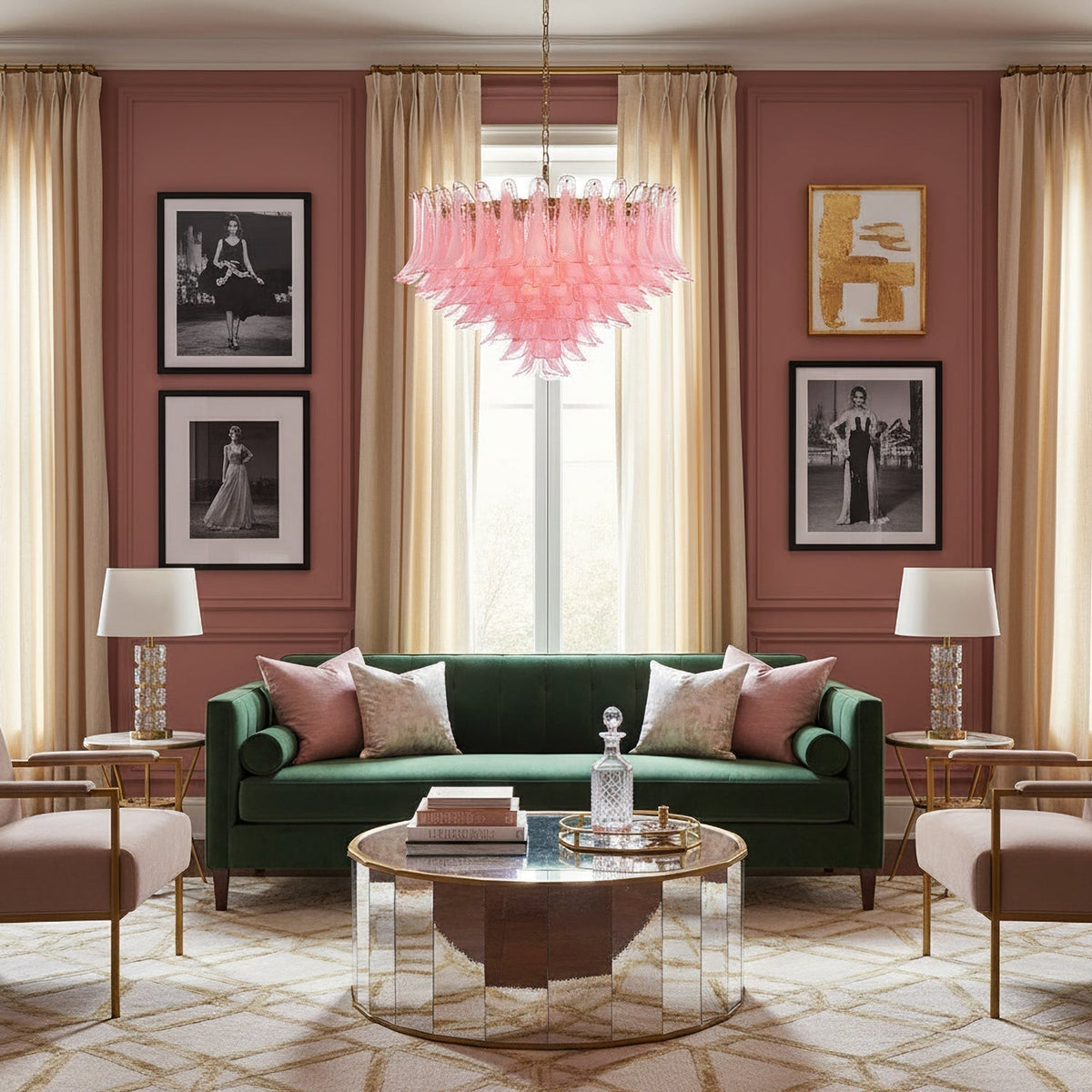 Gold & Pink Barcelona Murano Chandelier with 16 E14 Bulbs - Zelno Lighting