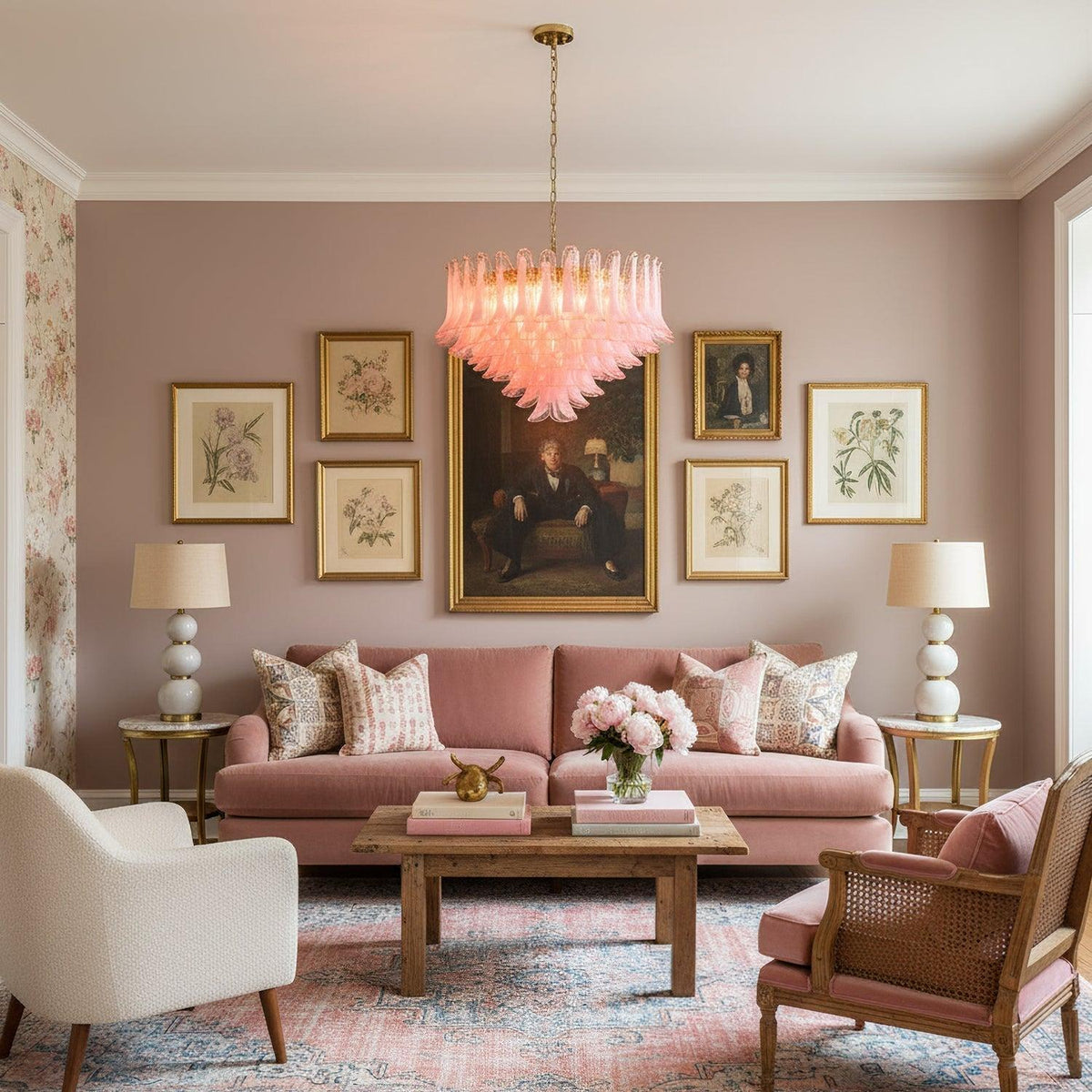 Gold & Pink Barcelona Murano Chandelier with 16 E14 Bulbs - Zelno Lighting