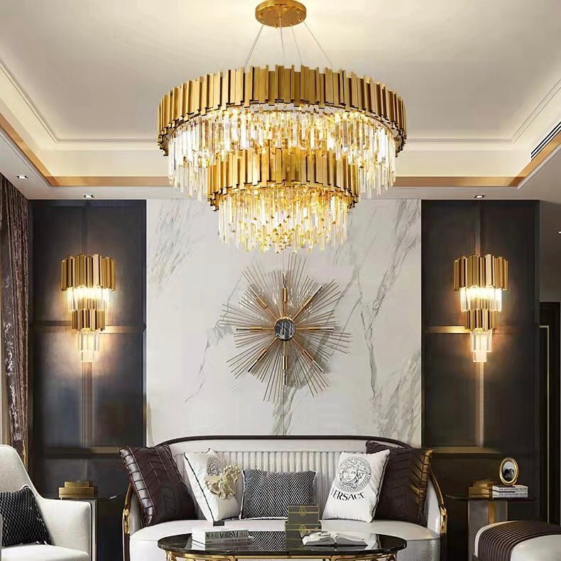 Gold/Silver Round Modern Tiered Metal Crystal Chandelier - Zelno Lighting