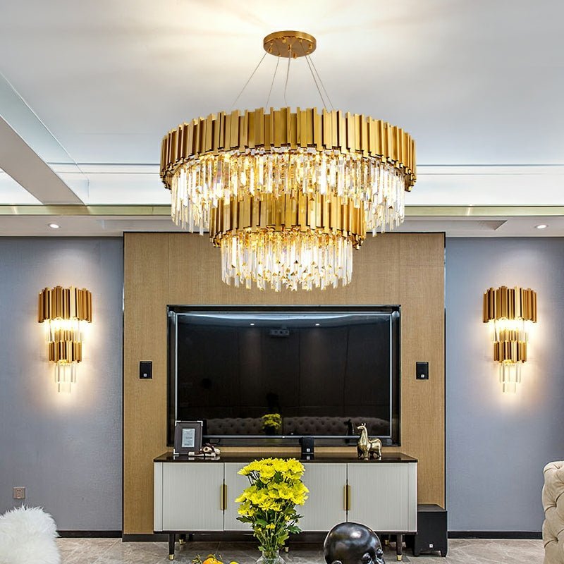 Gold/Silver Round Modern Tiered Metal Crystal Chandelier - Zelno Lighting