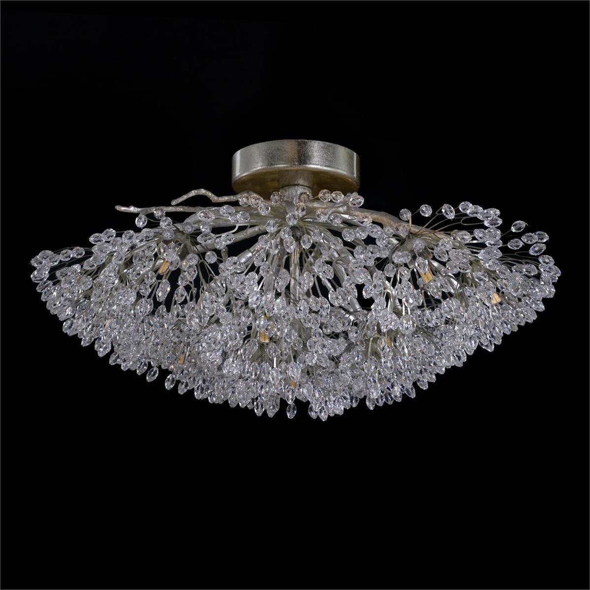Hanasaku Flower Sixteen-Light Flush Mount in Antique Silver Leaf with Hand-Cut Crystal Accents - Zelno Lighting