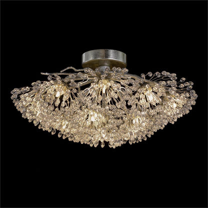 Hanasaku Flower Sixteen-Light Flush Mount in Antique Silver Leaf with Hand-Cut Crystal Accents - Zelno Lighting