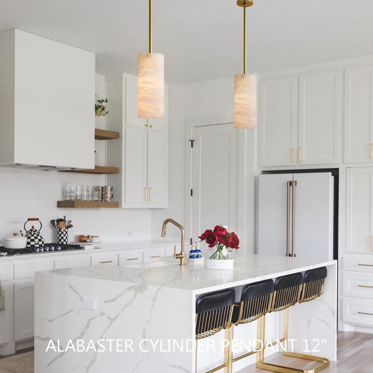 Hand Carved Alabaster Cylinder Pendent - Zelno Lighting