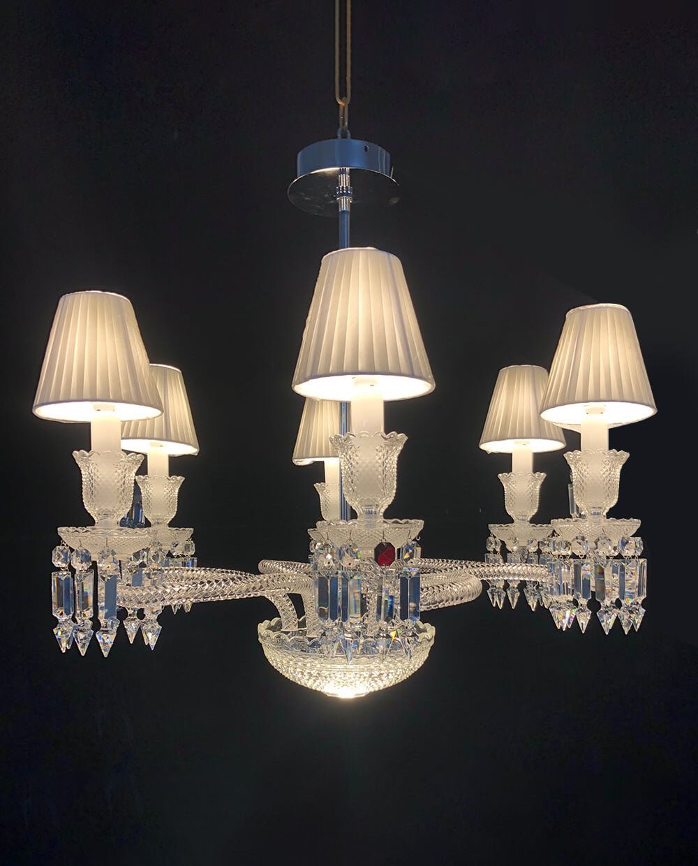 High Quality Lustre Bacara Tourbillon Baccarat Chandelier with White Lampshades - Zelno Lighting