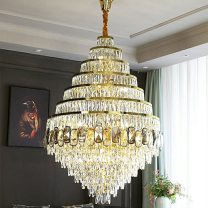Honeycomb Shaped Ceiling Chandelier Extra Large Crystal Light Fixture For Foyer Staircase/ Entryway In Gold Finish - Zelno Lighting