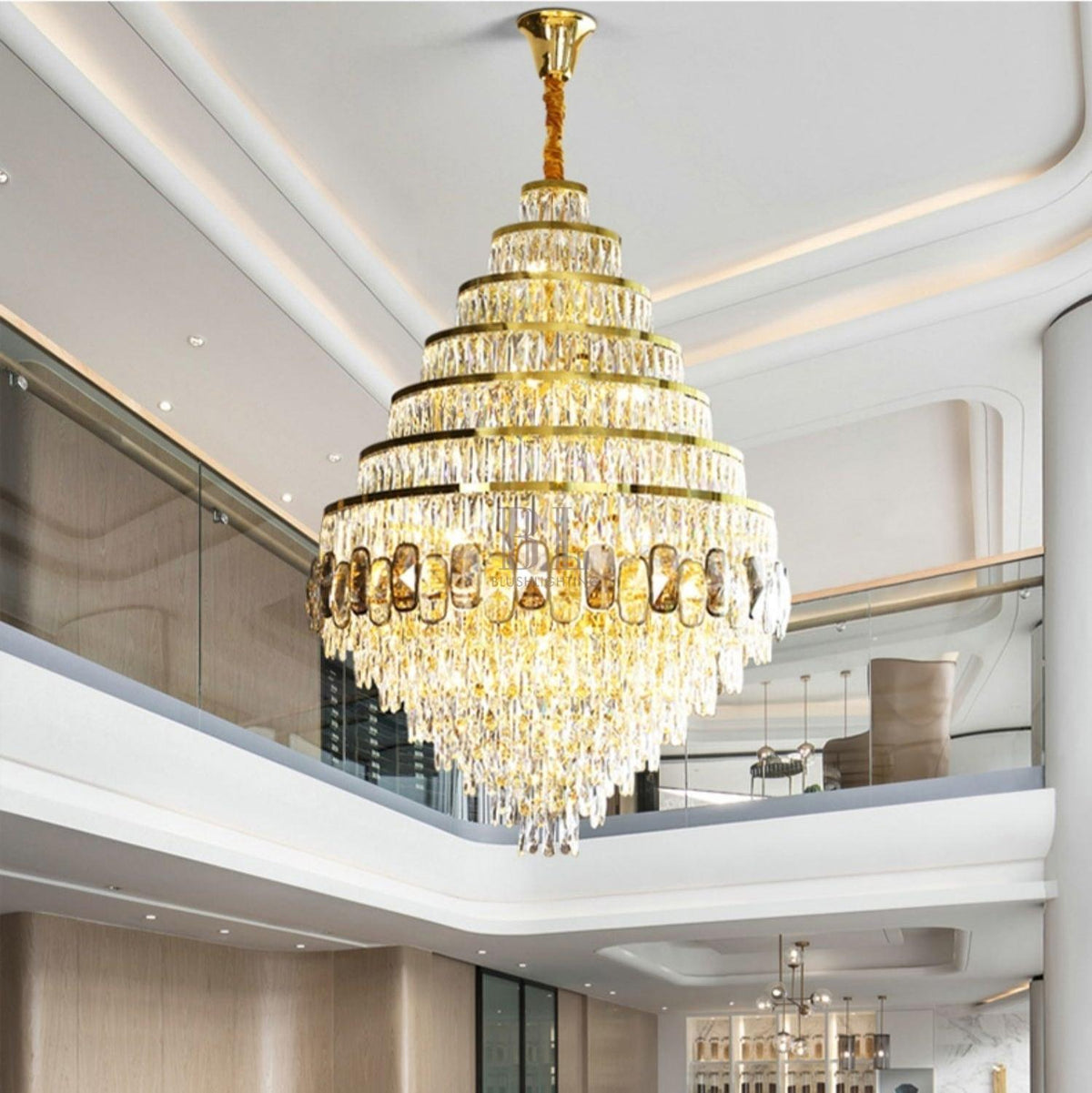 Honeycomb Shaped Ceiling Chandelier Extra Large Crystal Light Fixture For Foyer Staircase/ Entryway In Gold Finish - Zelno Lighting