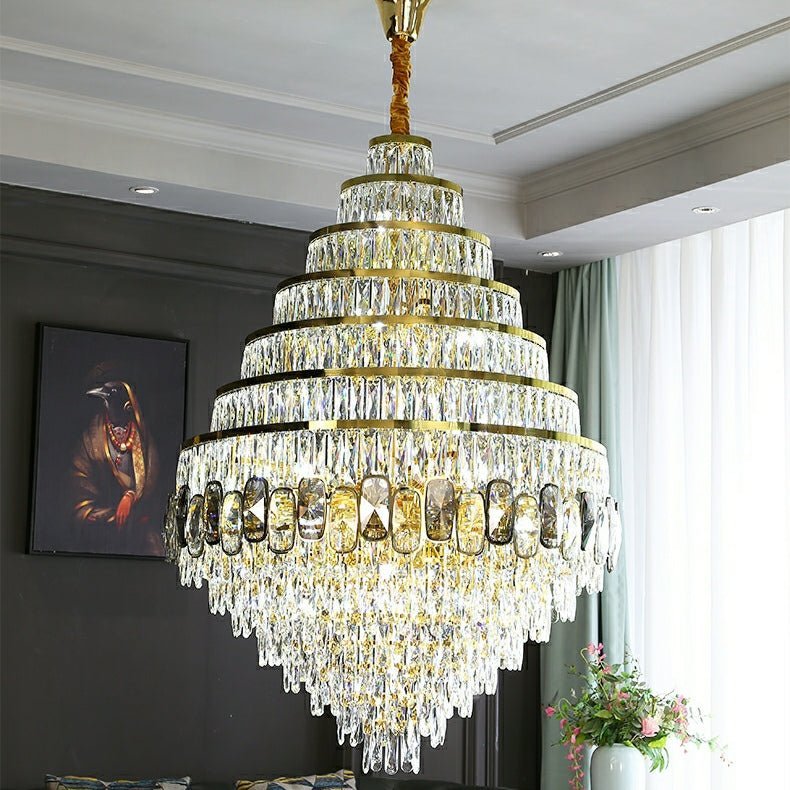 Honeycomb Shaped Ceiling Chandelier Extra Large Crystal Light Fixture For Foyer Staircase/ Entryway In Gold Finish - Zelno Lighting