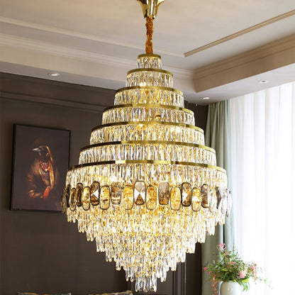 Honeycomb Shaped Ceiling Chandelier Extra Large Crystal Light Fixture For Foyer Staircase/ Entryway In Gold Finish - Zelno Lighting