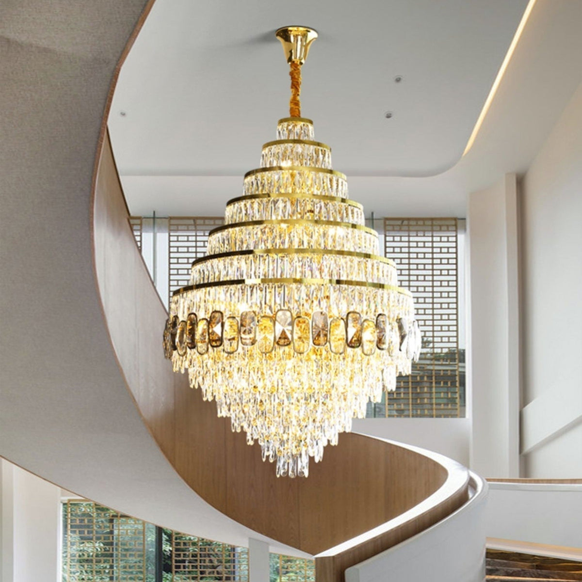 Honeycomb Shaped Ceiling Chandelier Extra Large Crystal Light Fixture For Foyer Staircase/ Entryway In Gold Finish - Zelno Lighting