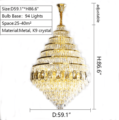 Honeycomb Shaped Ceiling Chandelier Extra Large Crystal Light Fixture For Foyer Staircase/ Entryway In Gold Finish - Zelno Lighting