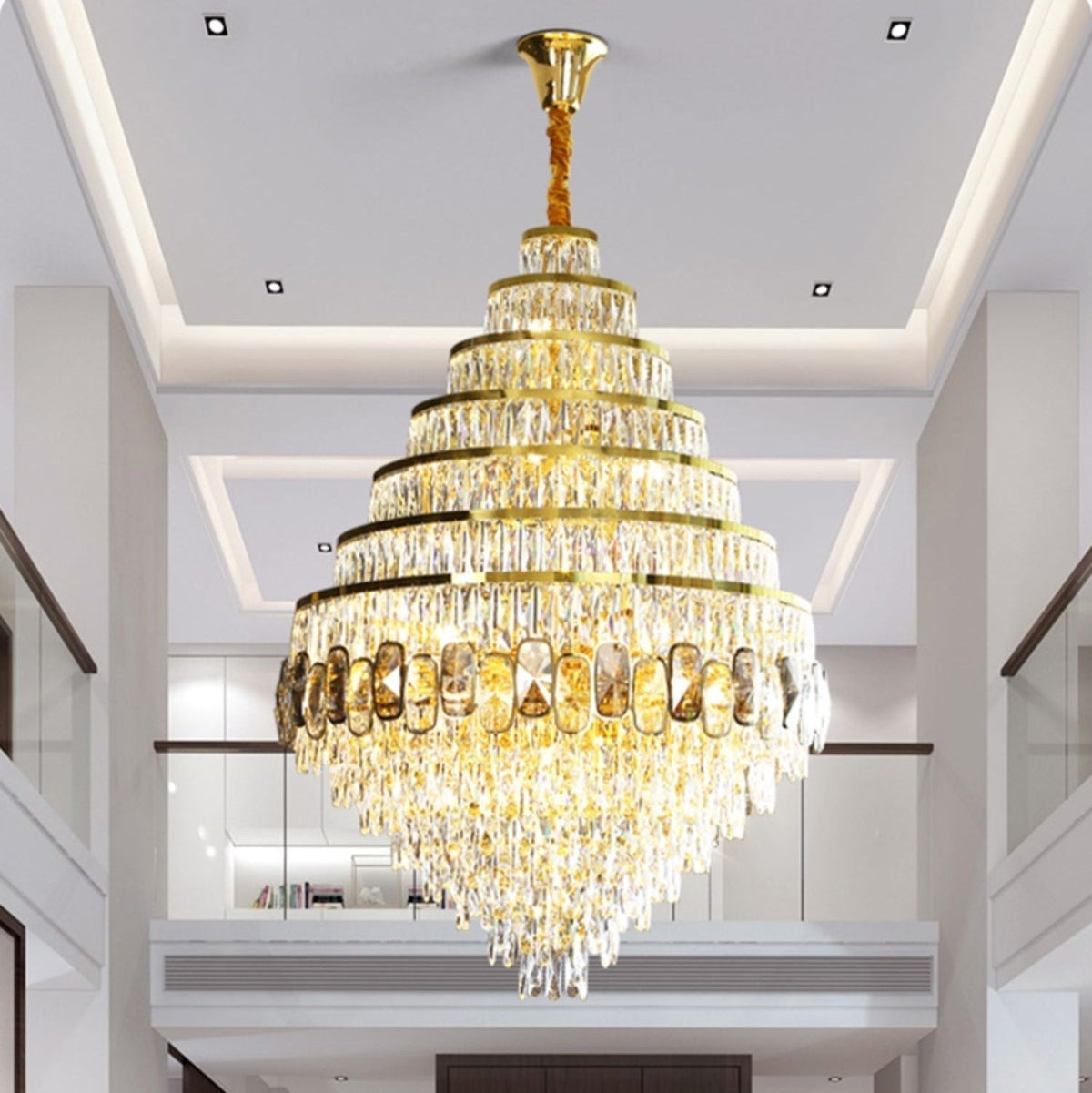 Honeycomb Shaped Ceiling Chandelier Extra Large Crystal Light Fixture For Foyer Staircase/ Entryway In Gold Finish - Zelno Lighting