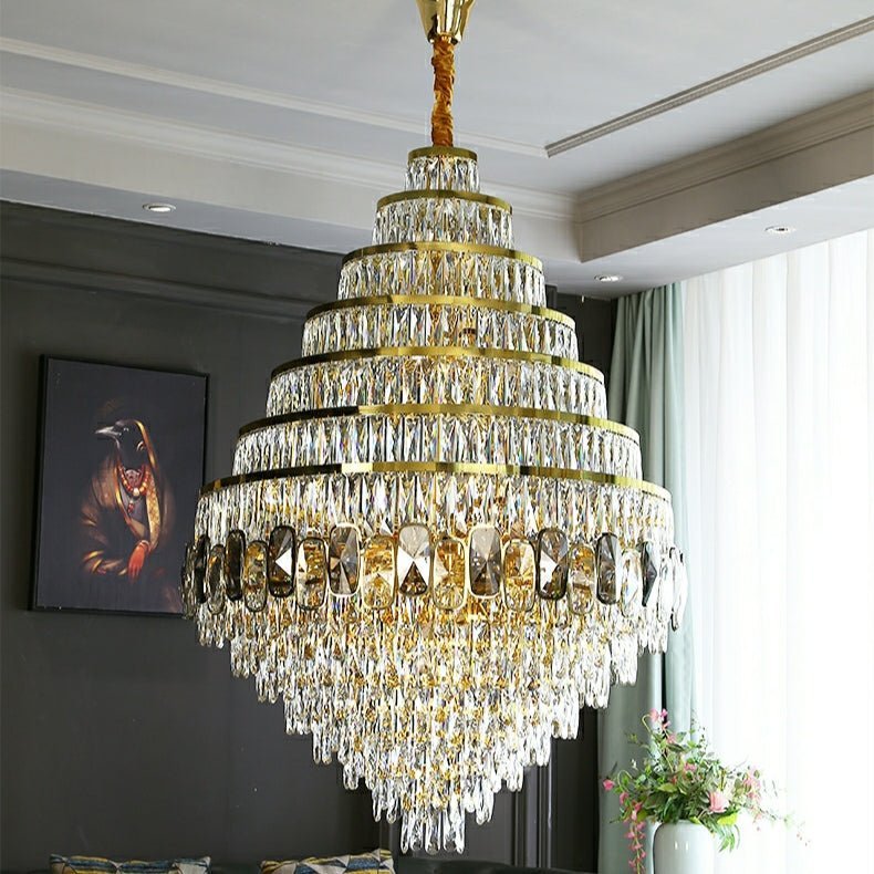 Honeycomb Shaped Ceiling Chandelier Extra Large Crystal Light Fixture For Foyer Staircase/ Entryway In Gold Finish - Zelno Lighting