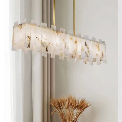 Jean Modern Marble Alabaster Linear Chandelier Over Dining Table - Zelno Lighting