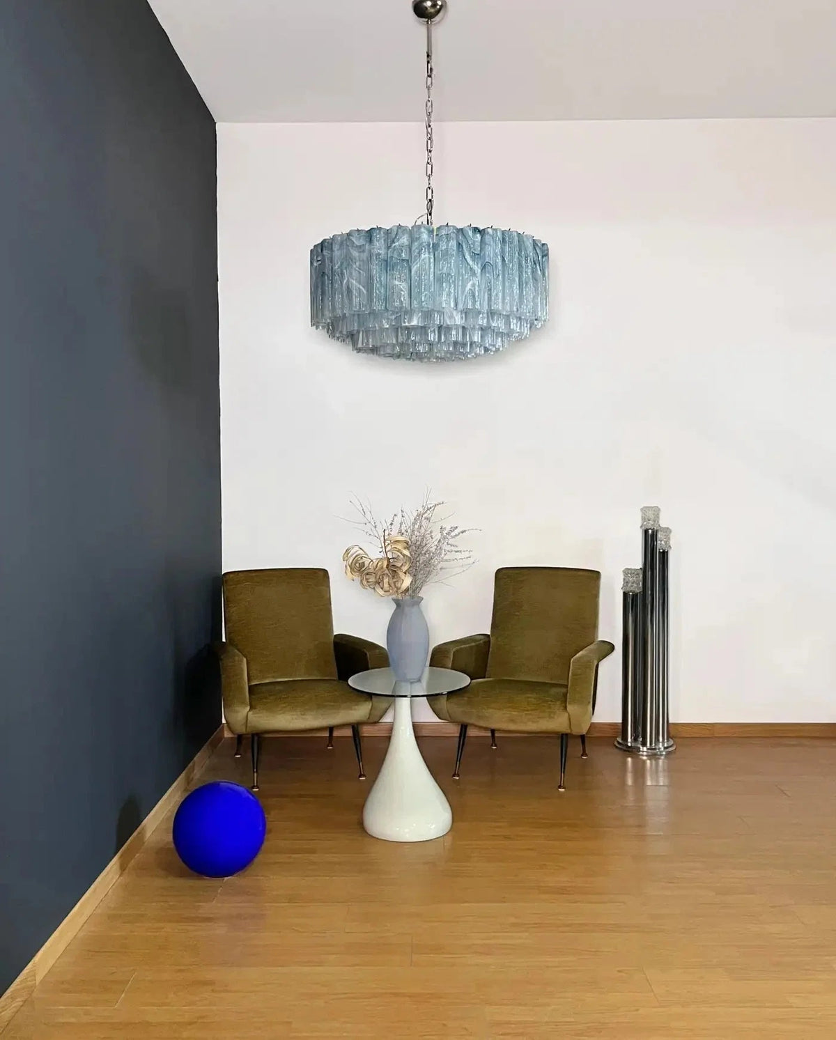Large Murano glass Chandelier -101 blue alabaster glass tube - Zelno Lighting