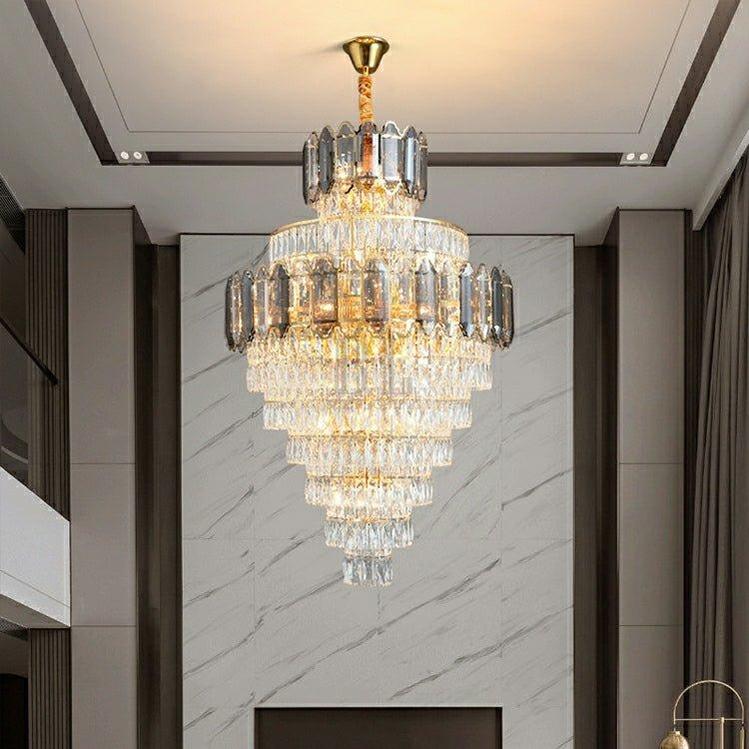 Large Staircase Crystal Chandelier Living Room Ceiling Light Fixture For Hotel Entrance In Gold Finish - Zelno Lighting