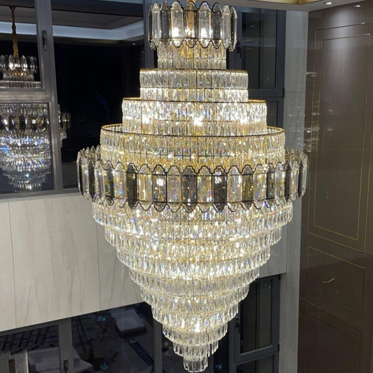 Large Staircase Crystal Chandelier Living Room Ceiling Light Fixture For Hotel Entrance In Gold Finish - Zelno Lighting
