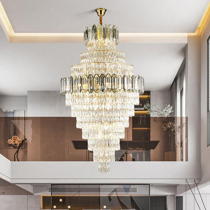 Large Staircase Crystal Chandelier Living Room Ceiling Light Fixture For Hotel Entrance In Gold Finish - Zelno Lighting
