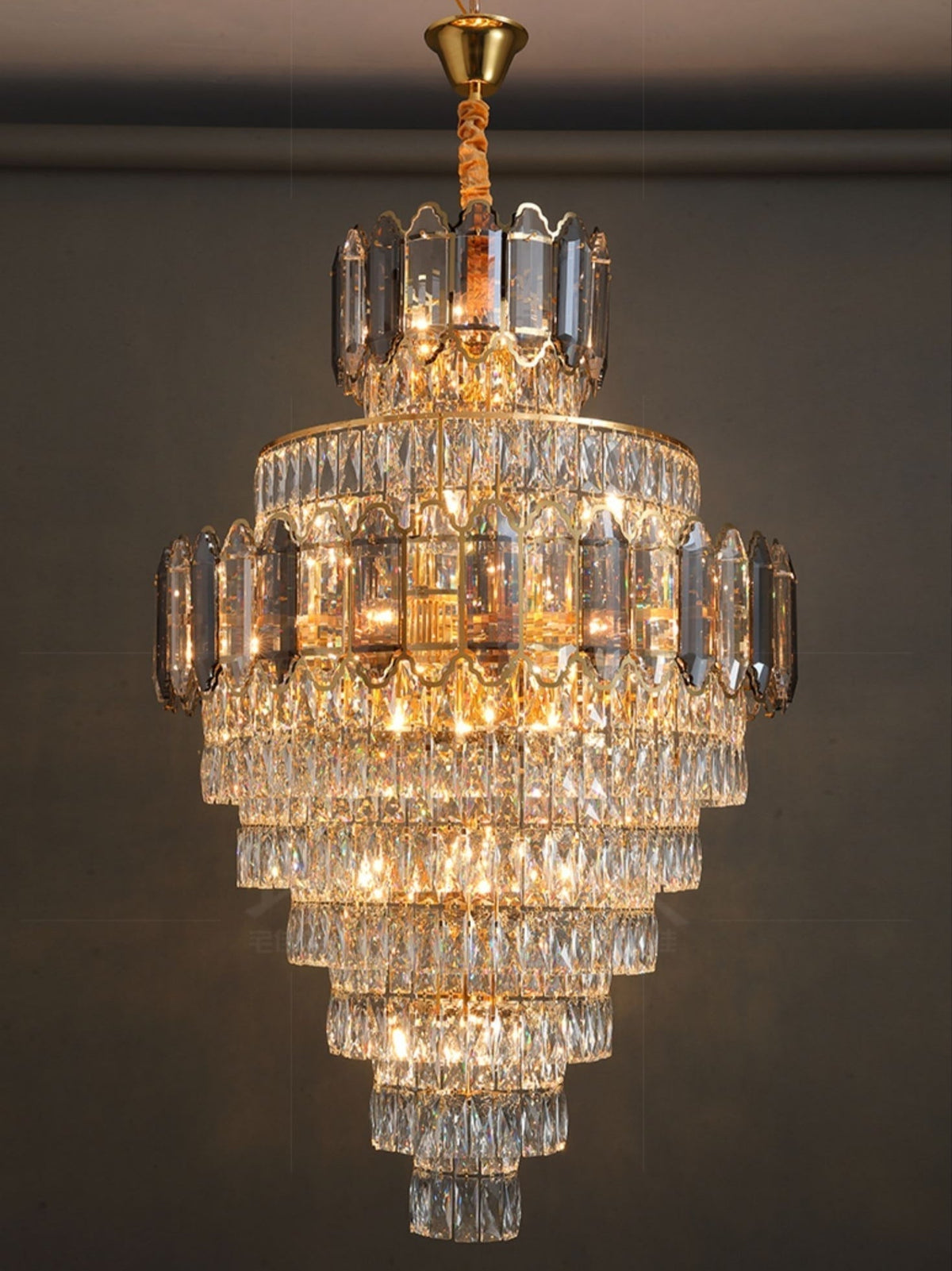 Large Staircase Crystal Chandelier Living Room Ceiling Light Fixture For Hotel Entrance In Gold Finish - Zelno Lighting