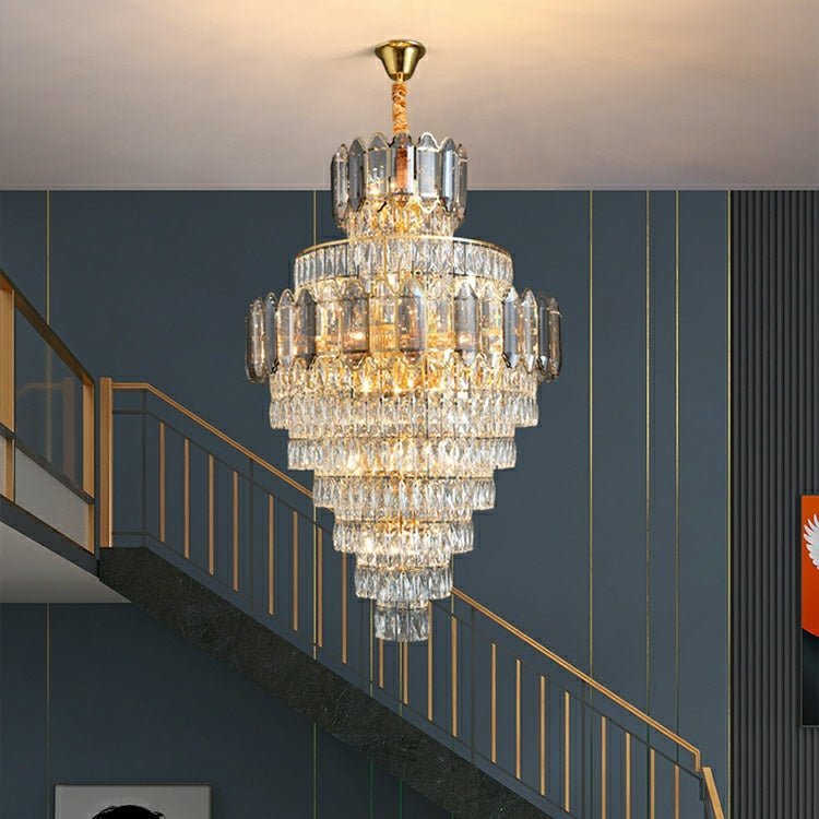 Large Staircase Crystal Chandelier Living Room Ceiling Light Fixture For Hotel Entrance In Gold Finish - Zelno Lighting