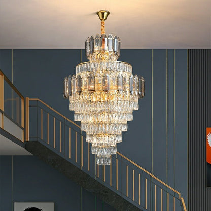 Large Staircase Crystal Chandelier Living Room Ceiling Light Fixture For Hotel Entrance In Gold Finish - Zelno Lighting