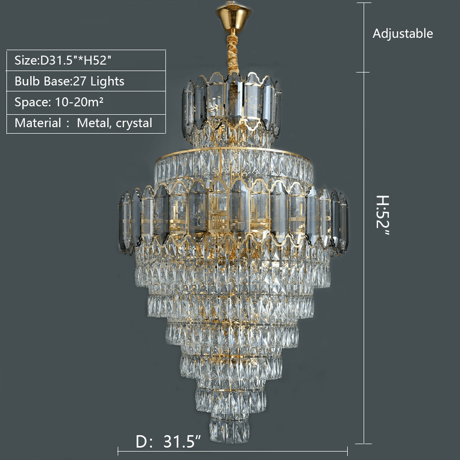Large Staircase Crystal Chandelier Living Room Ceiling Light Fixture For Hotel Entrance In Gold Finish - Zelno Lighting