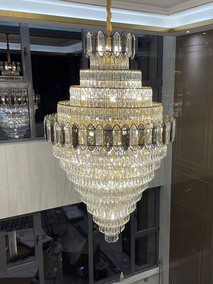 Large Staircase Crystal Chandelier Living Room Ceiling Light Fixture For Hotel Entrance In Gold Finish - Zelno Lighting