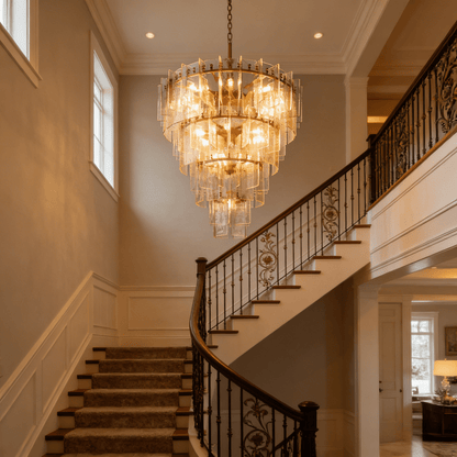 Lattica Glass Tiered Gold Chandelier for Foyer, Living Room, Entryway - Zelno Lighting