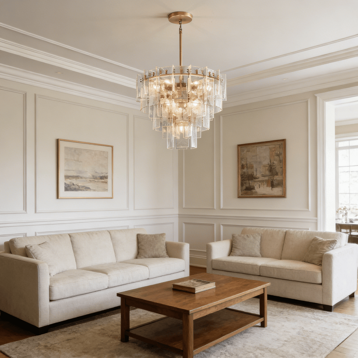 Lattica Glass Tiered Gold Chandelier for Foyer, Living Room, Entryway - Zelno Lighting