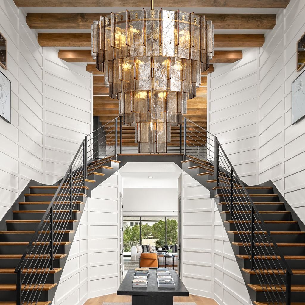 Lattica Glass Tiered Gold Chandelier for Foyer, Living Room, Entryway - Zelno Lighting