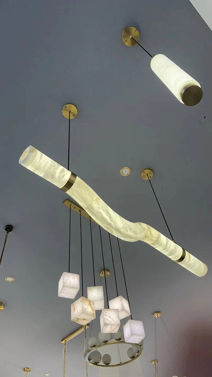 Liberty Curved Pendant Alabaster Chandelier, Pendant Light Over Dining Table - Zelno Lighting