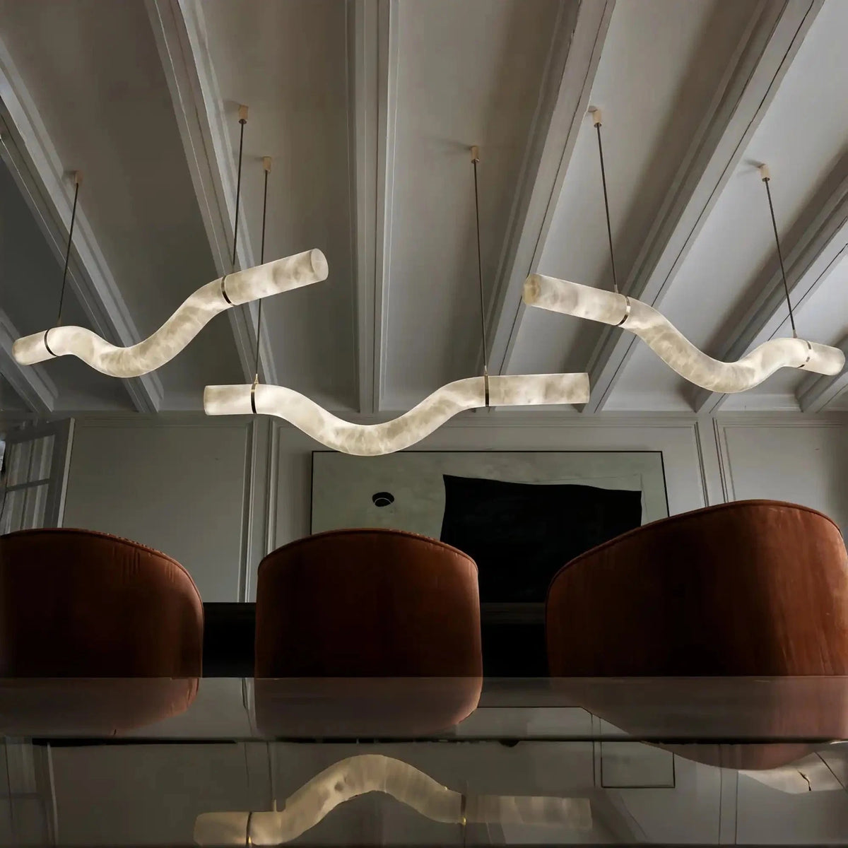 Liberty Curved Pendant Alabaster Chandelier, Pendant Light Over Dining Table - Zelno Lighting