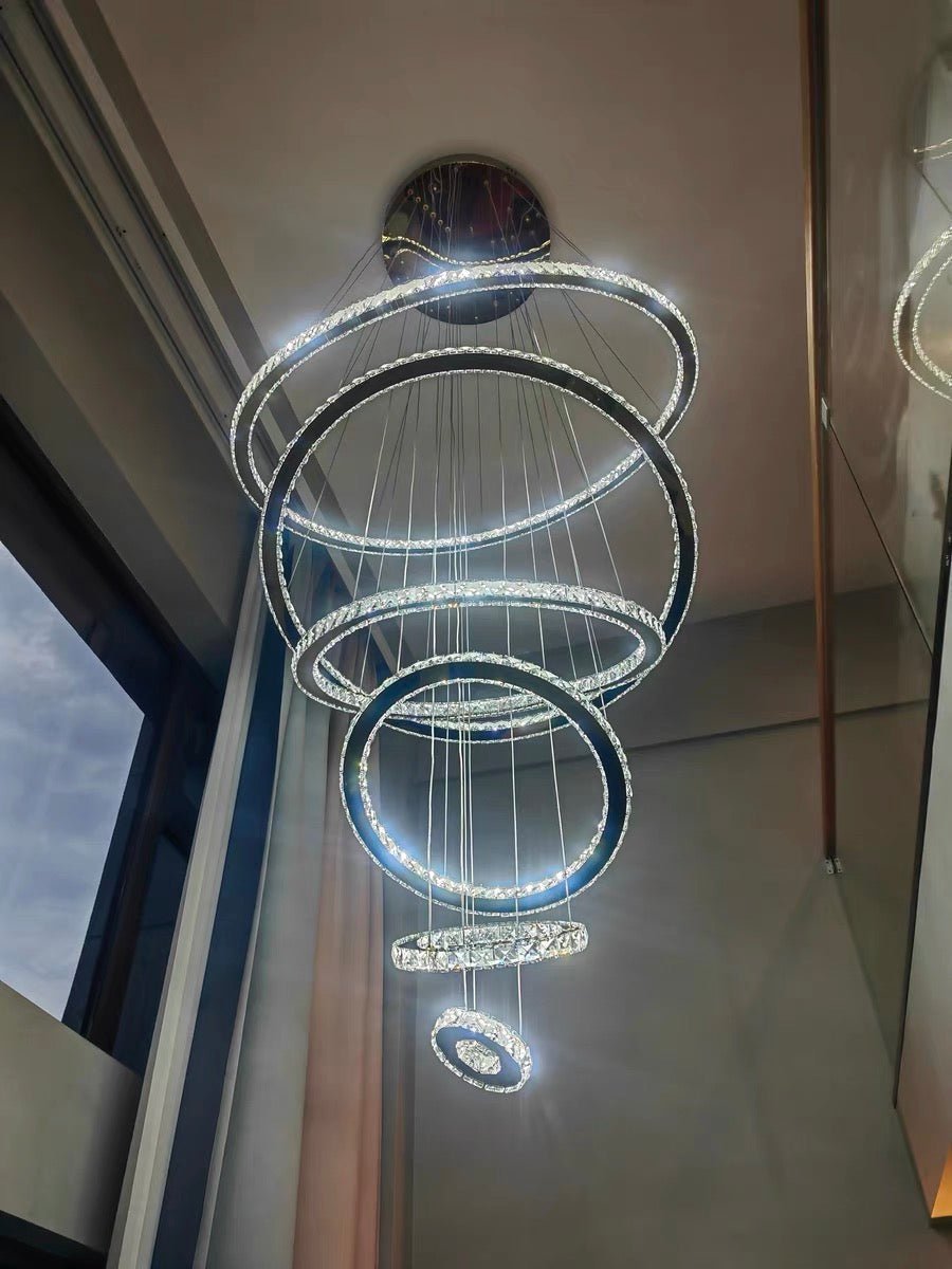 Light Luxury 5/6/7 Rings Crystal Chandelier for Staircase/Foyer/Villa - Zelno Lighting