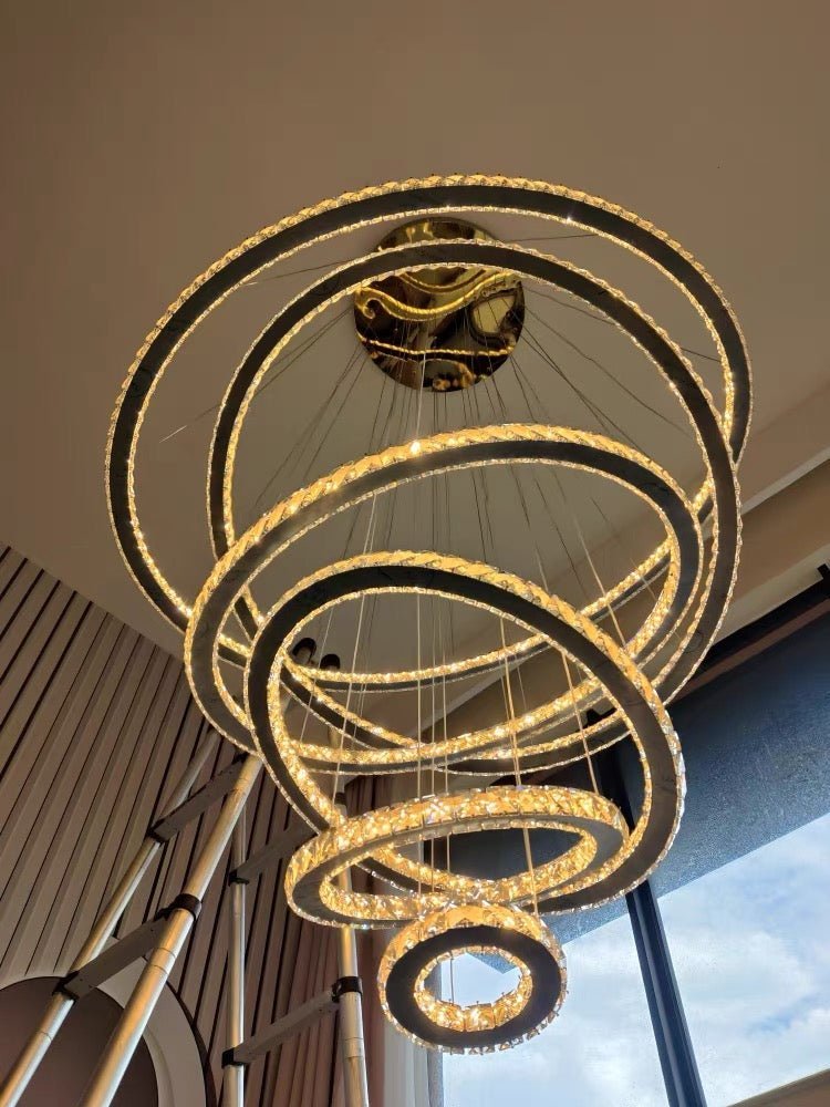 Light Luxury 5/6/7 Rings Crystal Chandelier for Staircase/Foyer/Villa - Zelno Lighting