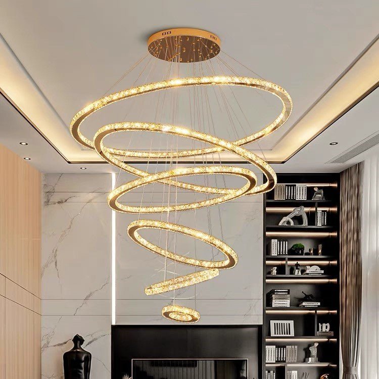Light Luxury 5/6/7 Rings Crystal Chandelier for Staircase/Foyer/Villa - Zelno Lighting