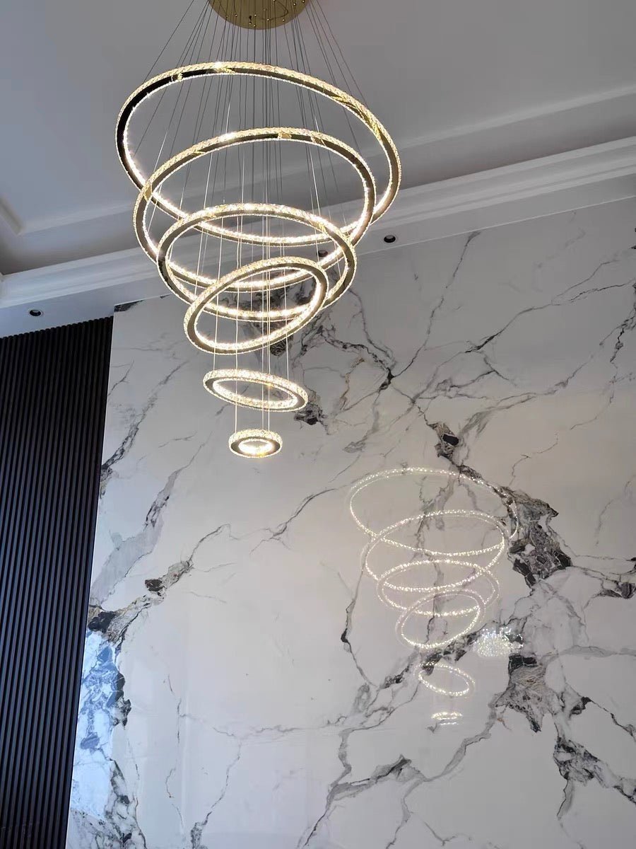 Light Luxury 5/6/7 Rings Crystal Chandelier for Staircase/Foyer/Villa - Zelno Lighting