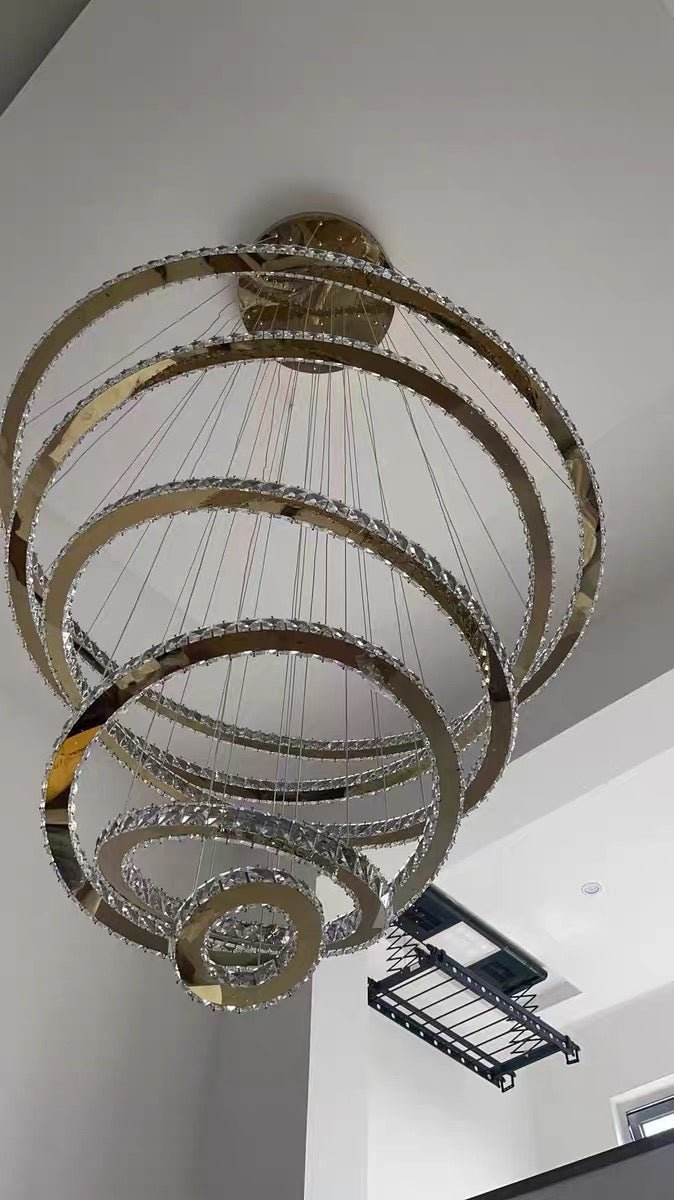 Light Luxury 5/6/7 Rings Crystal Chandelier for Staircase/Foyer/Villa - Zelno Lighting