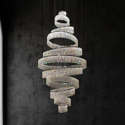 Long Crystal Tassel Rings Chandelier Extra Large Living Room Staircase High Ceiling Lighting Fixture - Zelno Lighting