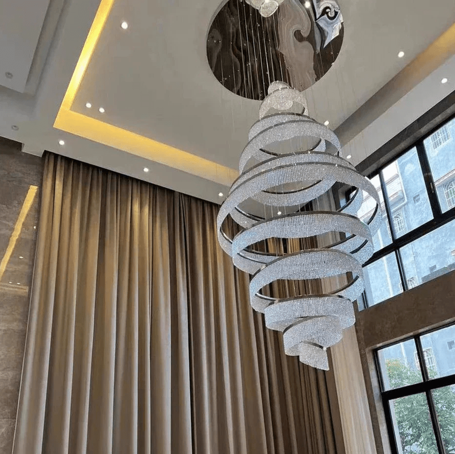 Long Crystal Tassel Rings Chandelier Extra Large Living Room Staircase High Ceiling Lighting Fixture - Zelno Lighting