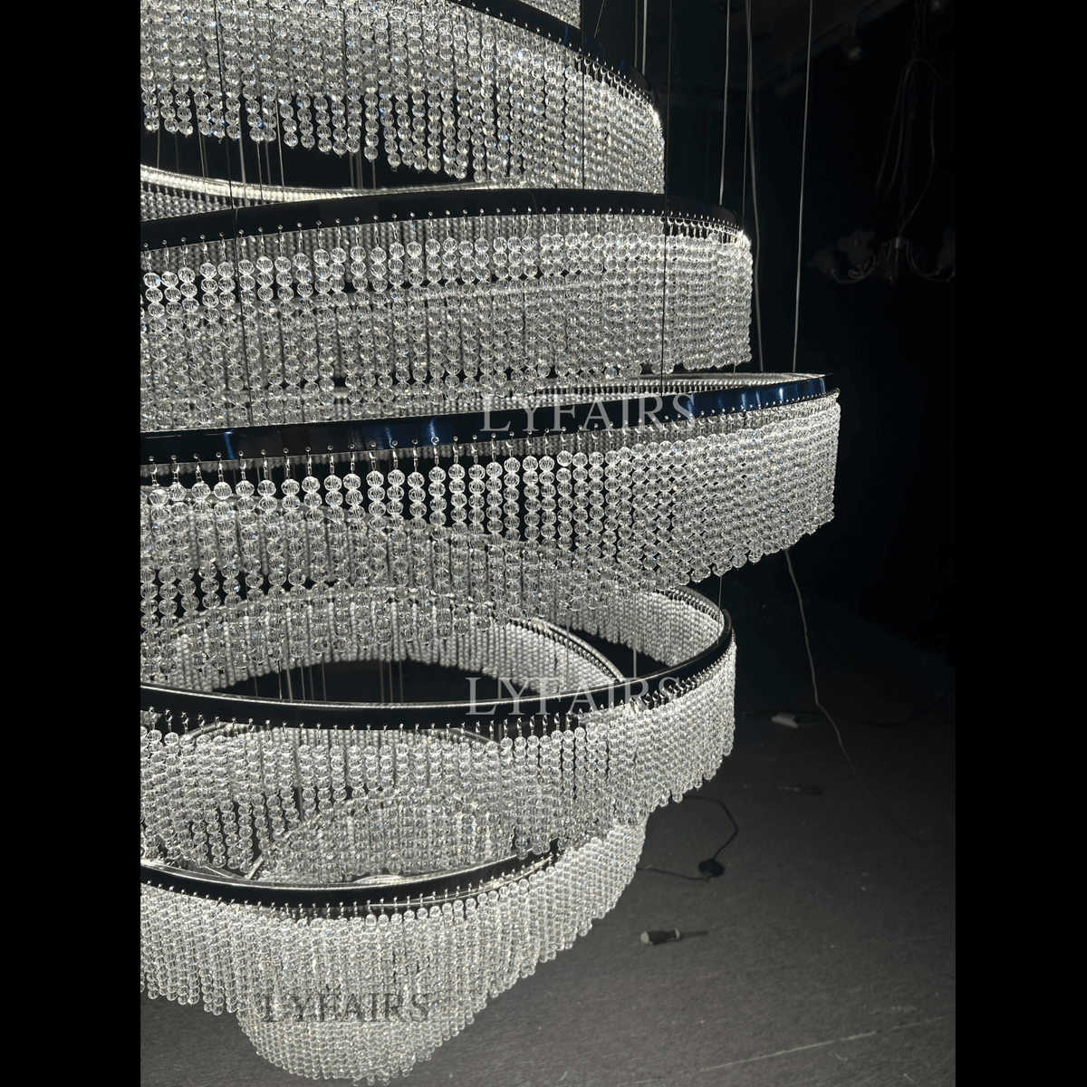 Long Crystal Tassel Rings Chandelier Extra Large Living Room Staircase High Ceiling Lighting Fixture - Zelno Lighting