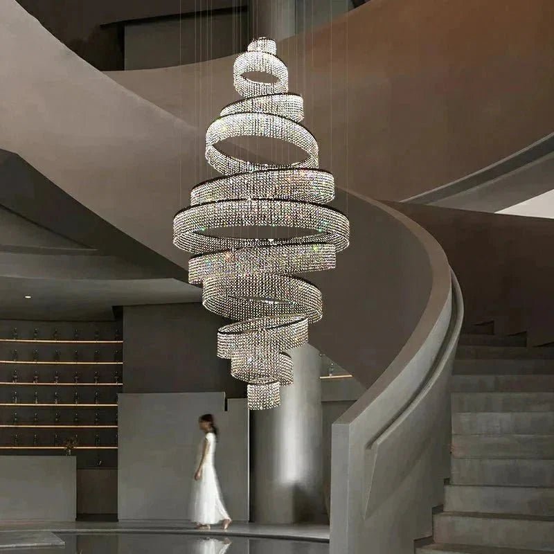 Long Crystal Tassel Rings Chandelier Extra Large Living Room Staircase High Ceiling Lighting Fixture - Zelno Lighting