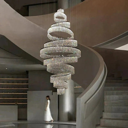 Long Crystal Tassel Rings Chandelier Extra Large Living Room Staircase High Ceiling Lighting Fixture - Zelno Lighting