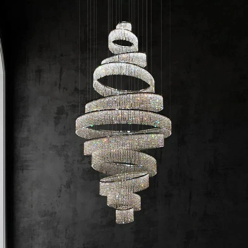 Long Crystal Tassel Rings Chandelier Extra Large Living Room Staircase High Ceiling Lighting Fixture - Zelno Lighting