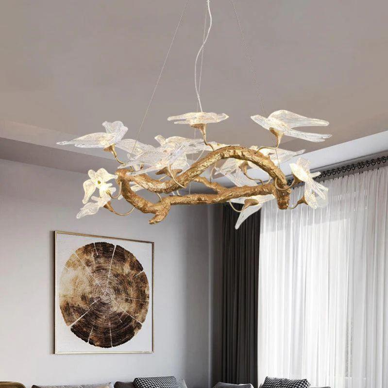 Lucky Bird Glass Branch Round Chandelier For Dining Room - Zelno Lighting